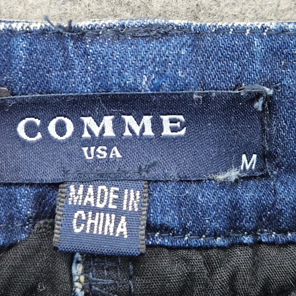 COMME USA Denim Mini Skirt Women's Blue Size M Distressed Frayed Lattice Beaded